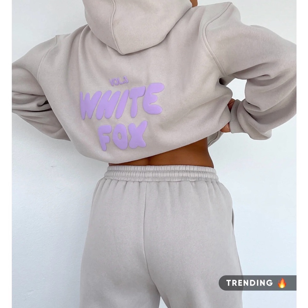 White Fox Tan Neutral Hoodie with Lilac Logo S/M
